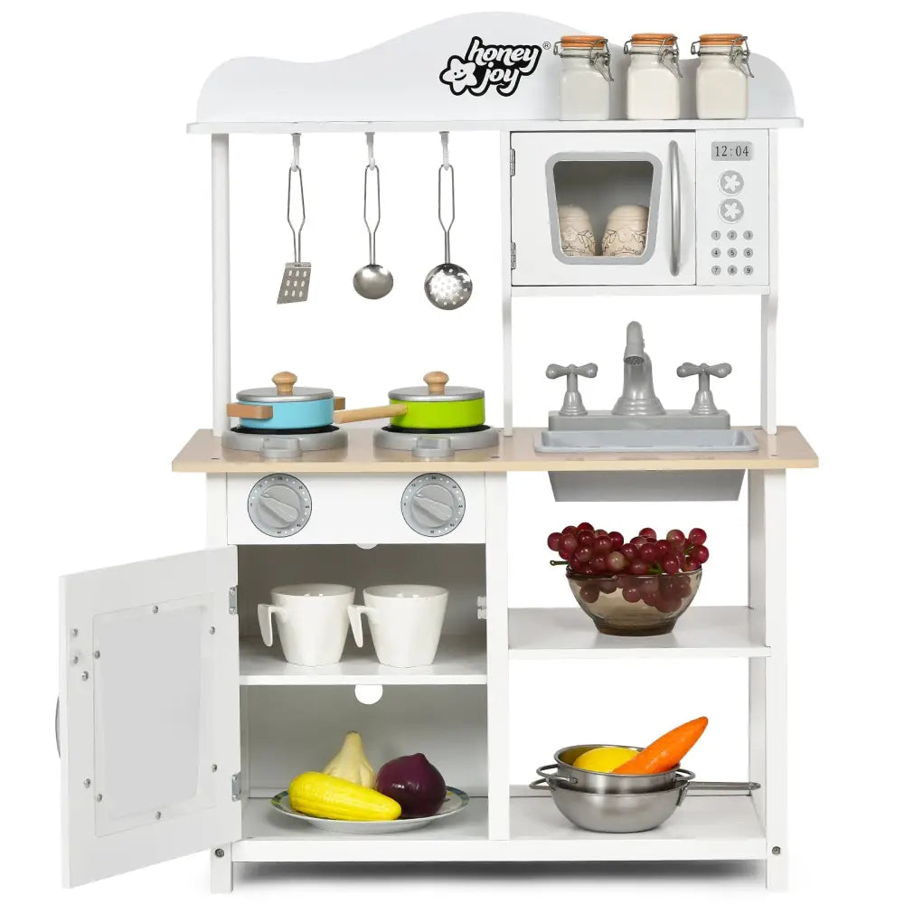 Wooden Pretend Play Kitchen Set for Kids with Accessories and Sink - White - Play Kitchen Sets