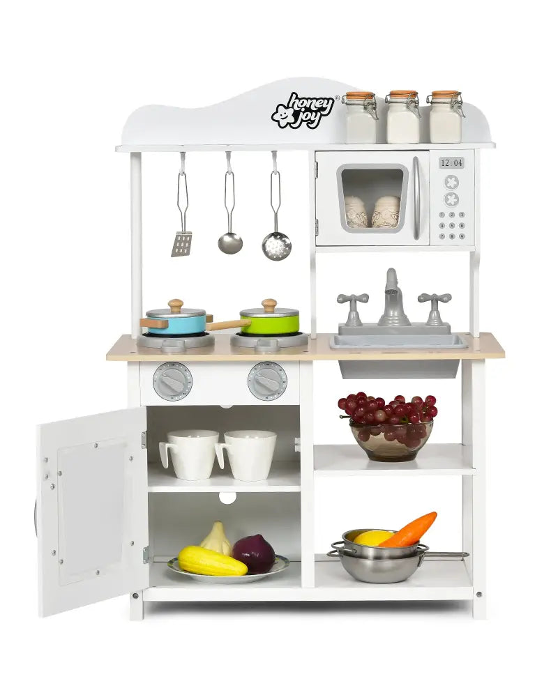 Wooden Pretend Play Kitchen Set for Kids with Accessories and Sink - White - Play Kitchen Sets