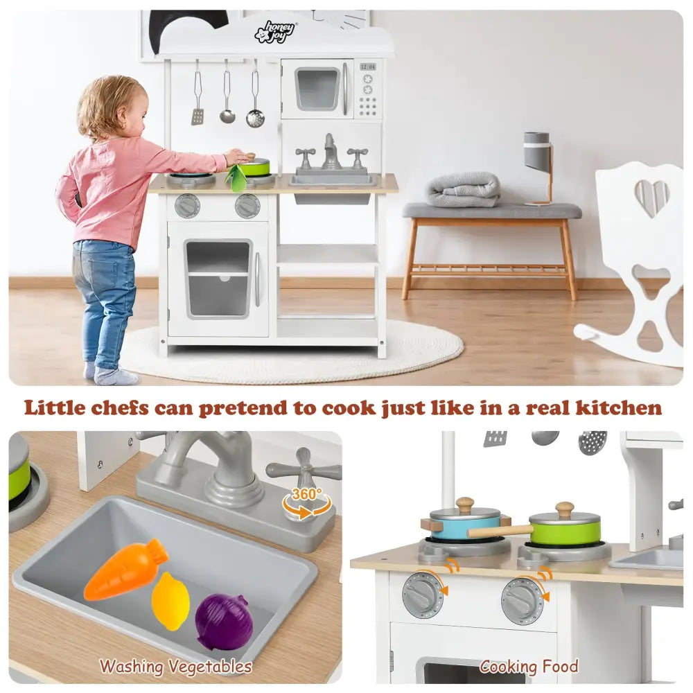 Wooden Pretend Play Kitchen Set for Kids with Accessories and Sink - White - Play Kitchen Sets