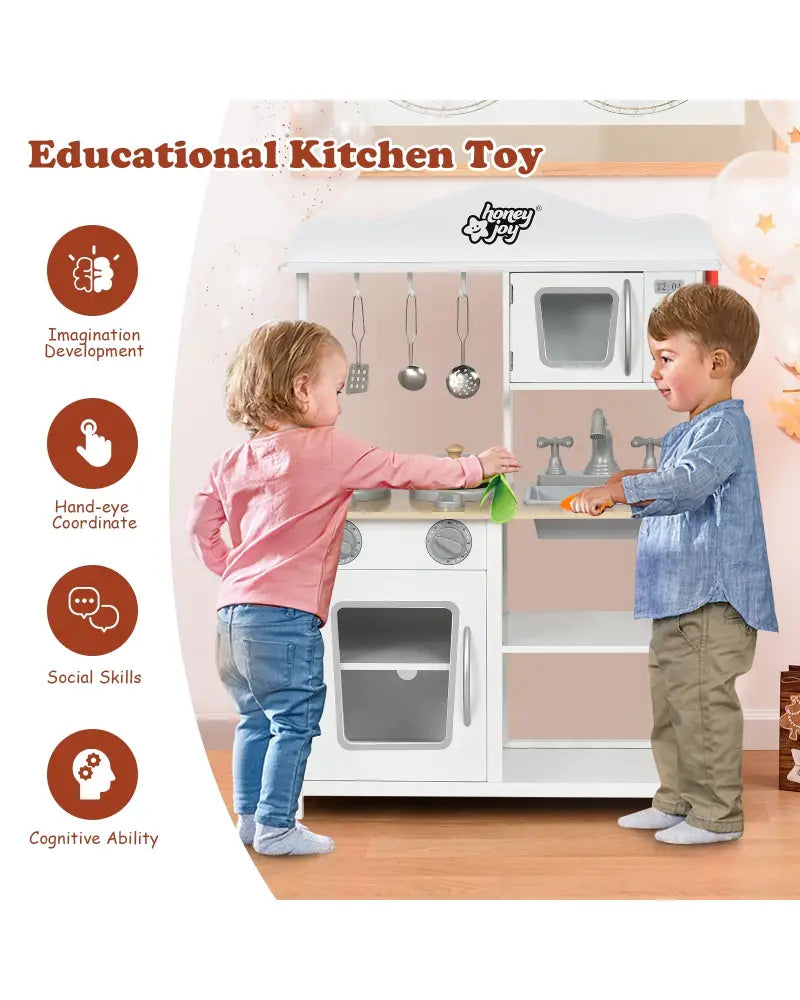 Wooden Pretend Play Kitchen Set for Kids with Accessories and Sink - White - Play Kitchen Sets