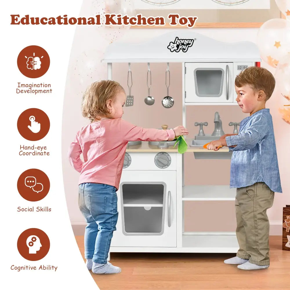 Wooden Pretend Play Kitchen Set for Kids with Accessories and Sink - White - Play Kitchen Sets