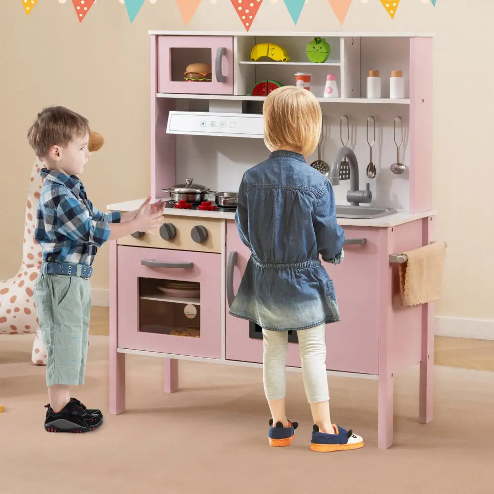 Wooden Pretend Play Kitchen Set for Toddlers-White and Pink - White & Pink - Play Kitchen Sets