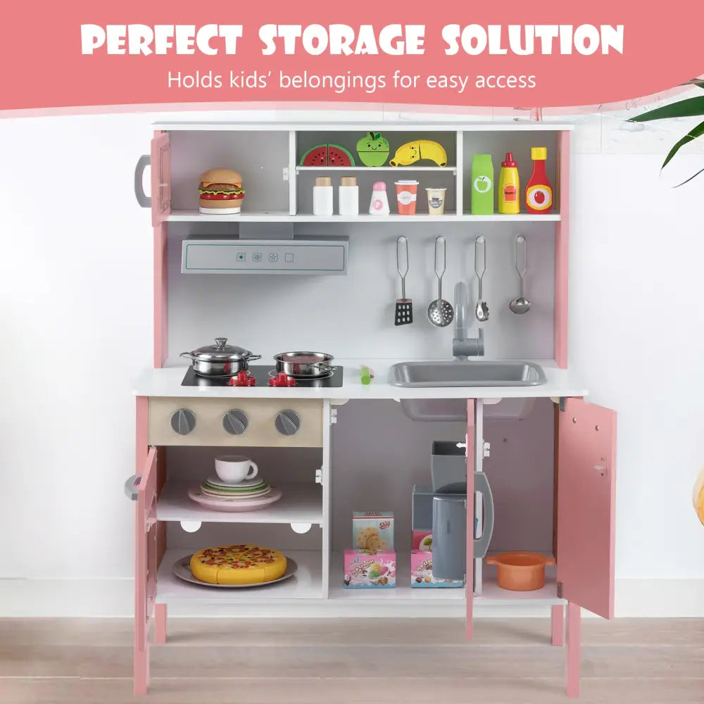 Wooden Pretend Play Kitchen Set for Toddlers-White and Pink - White & Pink - Play Kitchen Sets