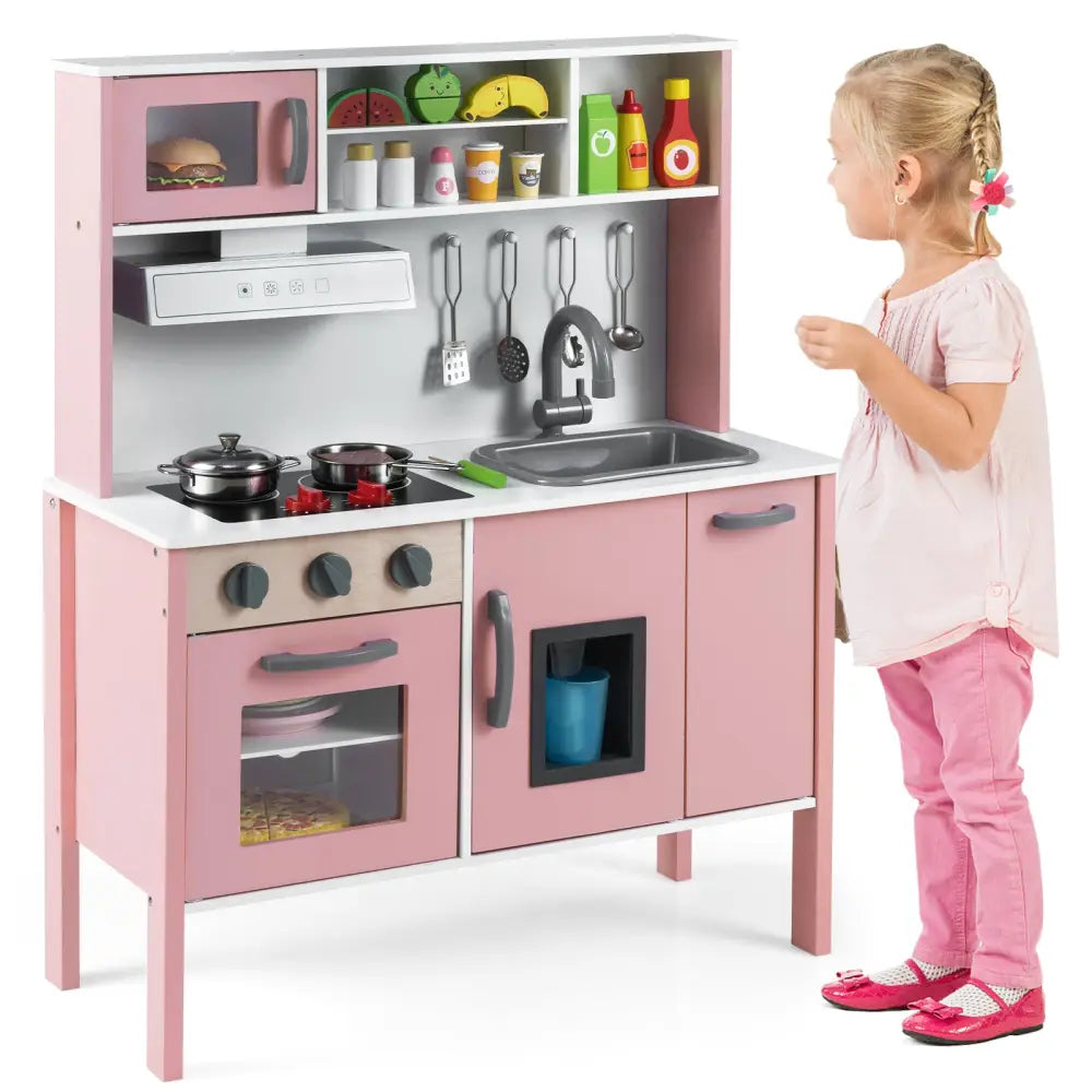 Wooden Pretend Play Kitchen Set for Toddlers-White and Pink - White & Pink - Play Kitchen Sets