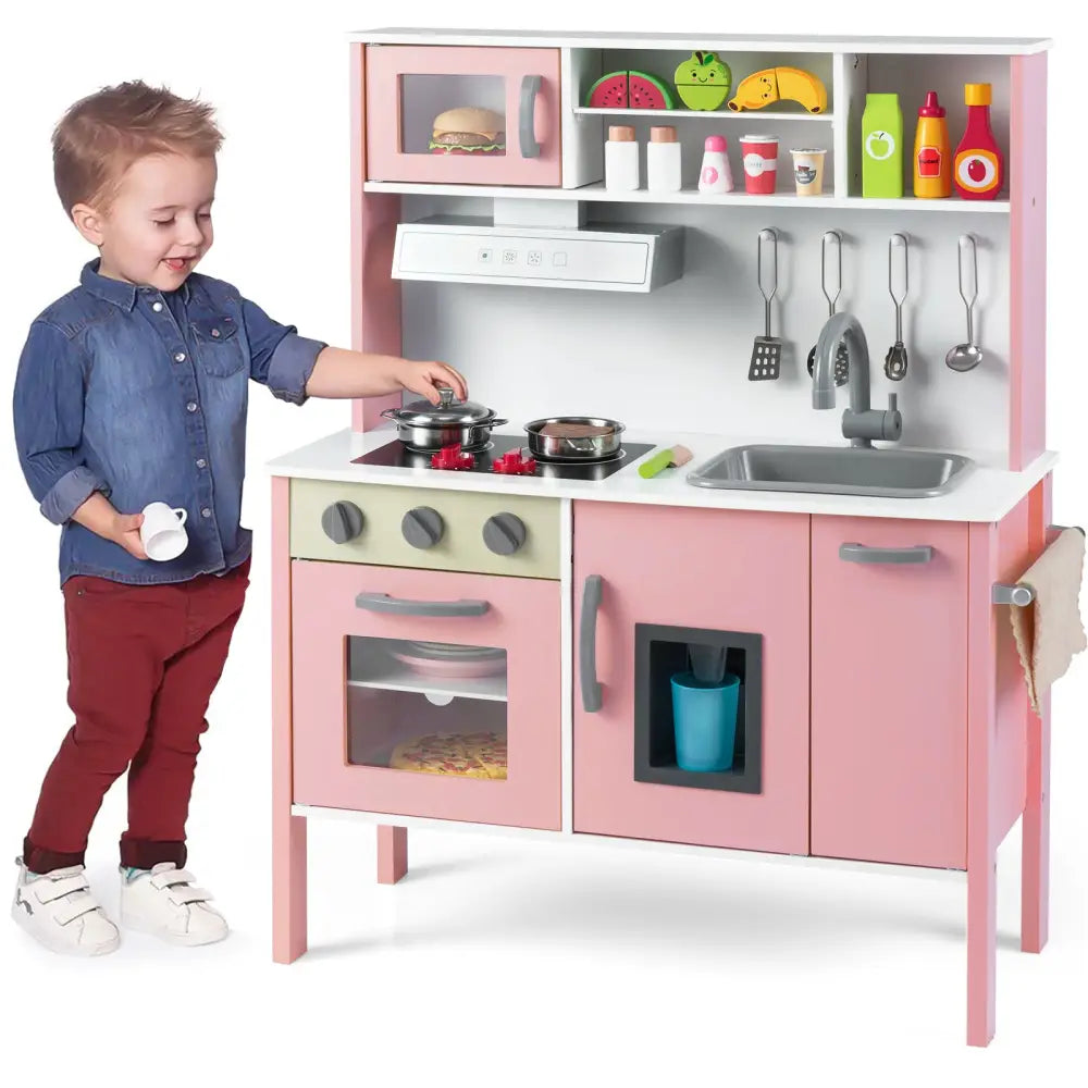 Wooden Pretend Play Kitchen Set for Toddlers-White and Pink - White & Pink - Play Kitchen Sets