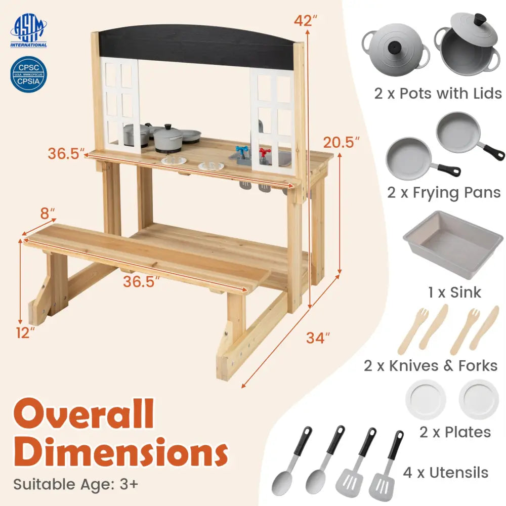 Wooden Pretend Play Kitchen with Bench and Cooking Accessories-Natural - Natural - Play Kitchen Sets