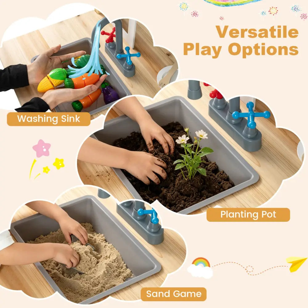 Wooden Pretend Play Kitchen with Bench and Cooking Accessories-Natural - Natural - Play Kitchen Sets