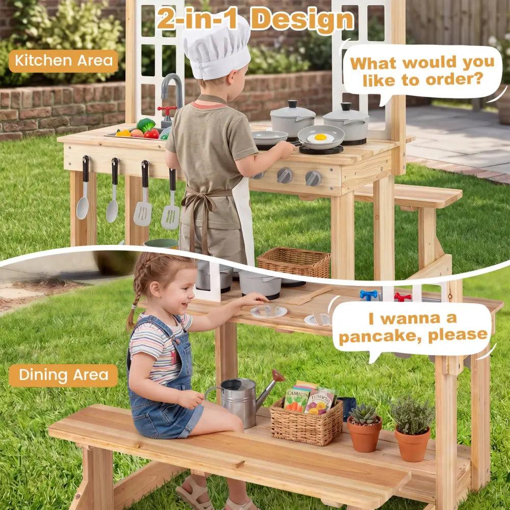 Wooden Pretend Play Kitchen with Bench and Cooking Accessories-Natural - Natural - Play Kitchen Sets