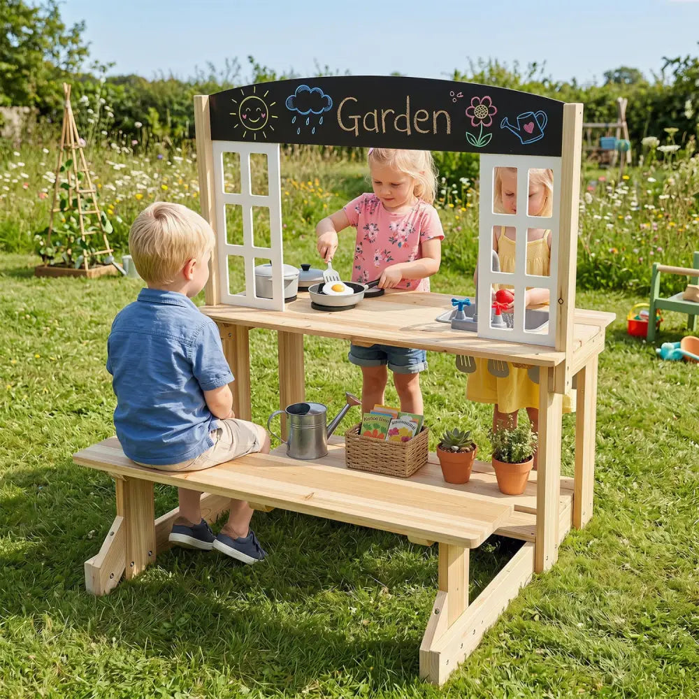Wooden Pretend Play Kitchen with Bench and Cooking Accessories-Natural - Natural - Play Kitchen Sets