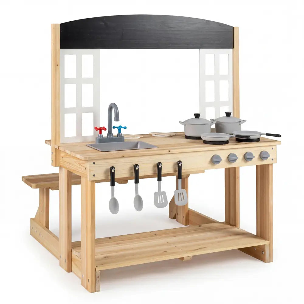 Wooden Pretend Play Kitchen with Bench and Cooking Accessories-Natural - Natural - Play Kitchen Sets