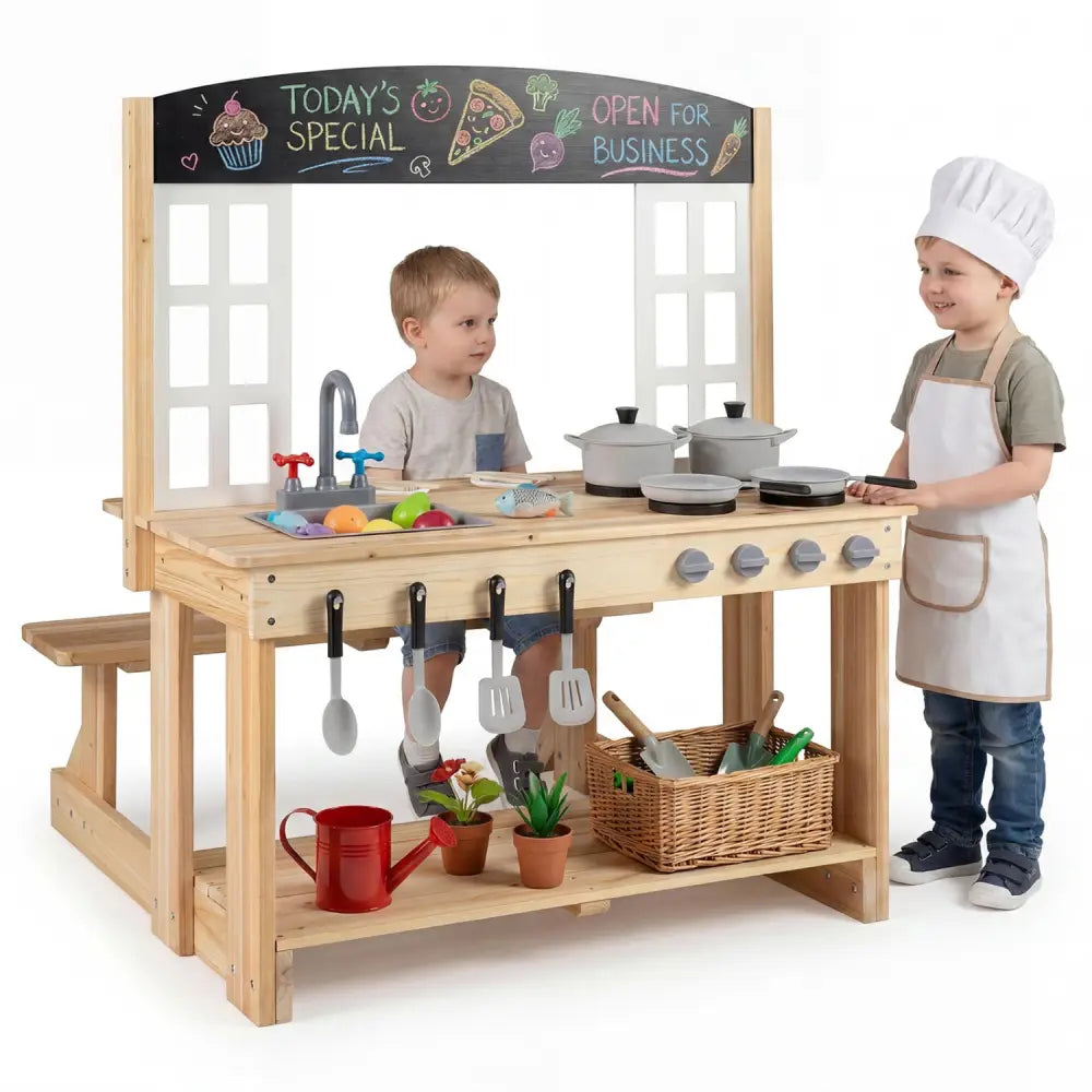 Wooden Pretend Play Kitchen with Bench and Cooking Accessories-Natural - Natural - Play Kitchen Sets