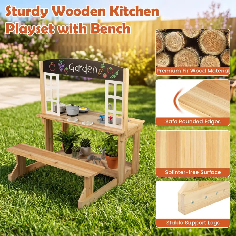 Wooden Pretend Play Kitchen with Bench and Cooking Accessories-Natural - Natural - Play Kitchen Sets