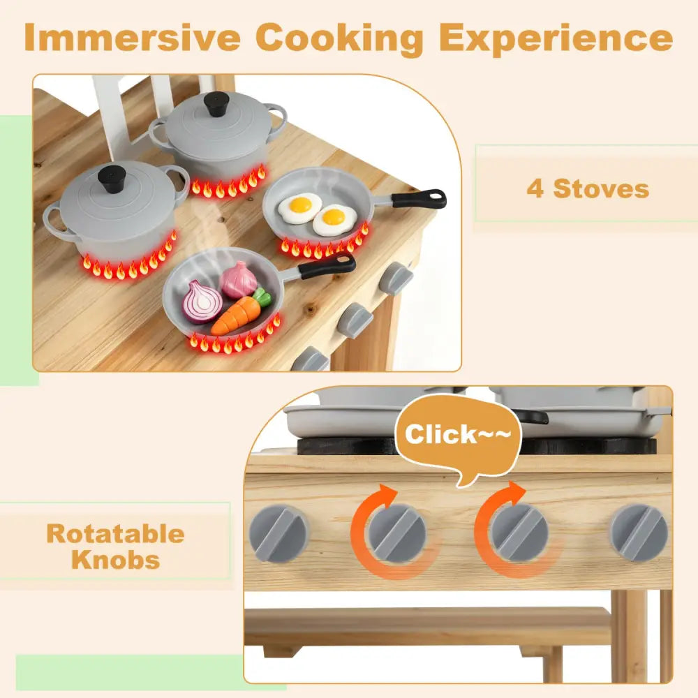 Wooden Pretend Play Kitchen with Bench and Cooking Accessories-Natural - Natural - Play Kitchen Sets