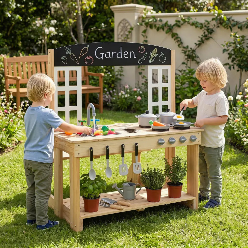Wooden Pretend Play Kitchen with Bench and Cooking Accessories-Natural - Natural - Play Kitchen Sets