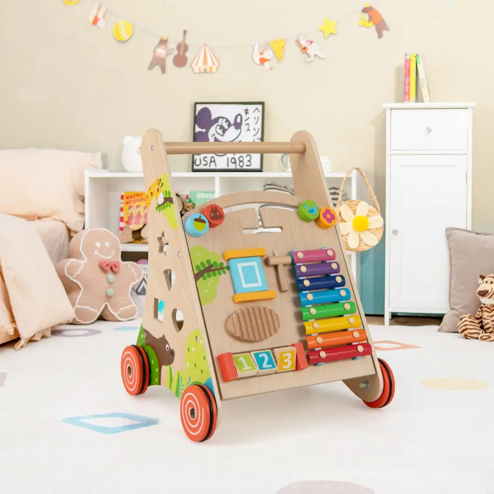 Wooden Push and Pull Baby Walker with Handle and Storage-Natural - Natural - Baby Activity