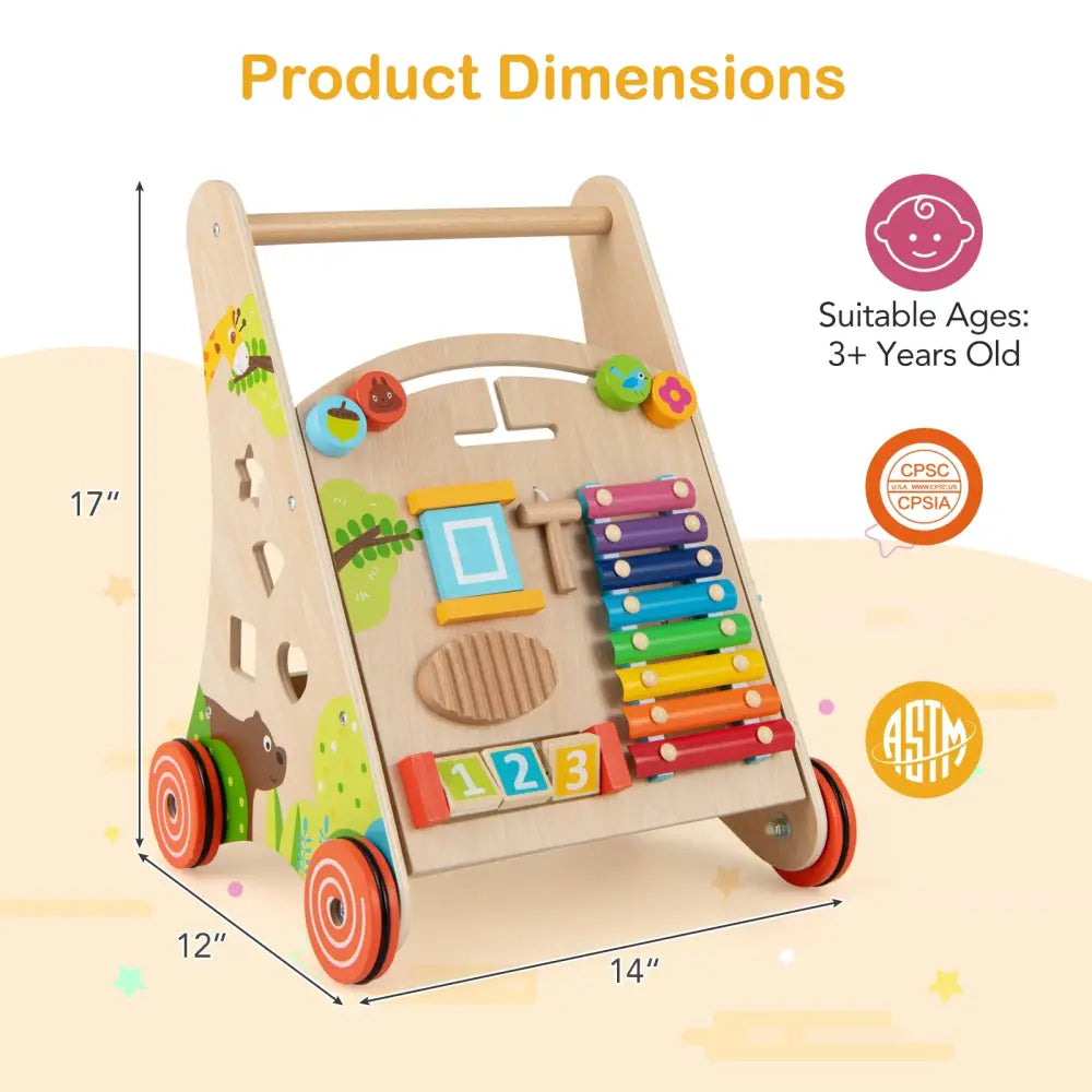 Wooden Push and Pull Baby Walker with Handle and Storage-Natural - Natural - Baby Activity