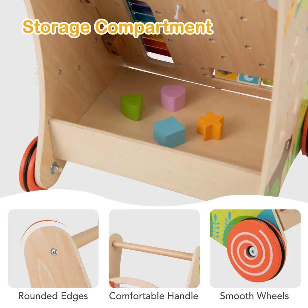 Wooden Push and Pull Baby Walker with Handle and Storage-Natural - Natural - Baby Activity