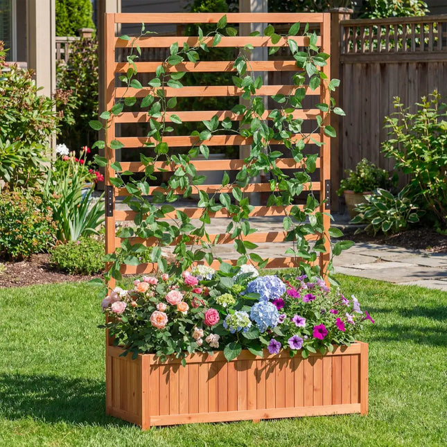 Wooden Raised Garden Bed 59 Inch Tall Elevated Planter Box with Vertical Trellis-Orange - Orange - Raised Garden Beds