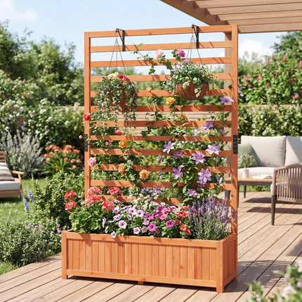 Wooden Raised Garden Bed 59 Inch Tall Elevated Planter Box with Vertical Trellis-Orange - Orange - Raised Garden Beds