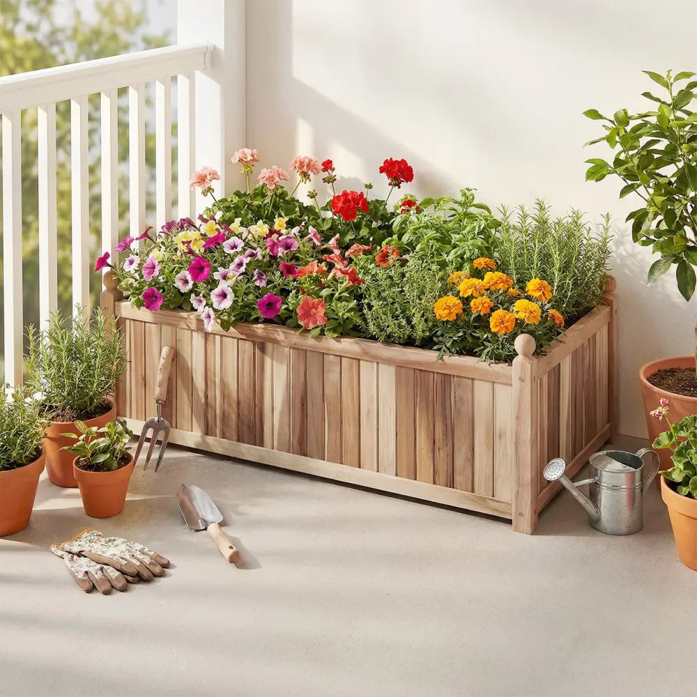 Wooden Raised Garden Bed Natural Acacia Wood Rectangular Planter Box with Liner-Natural - Natural - Raised Garden Beds