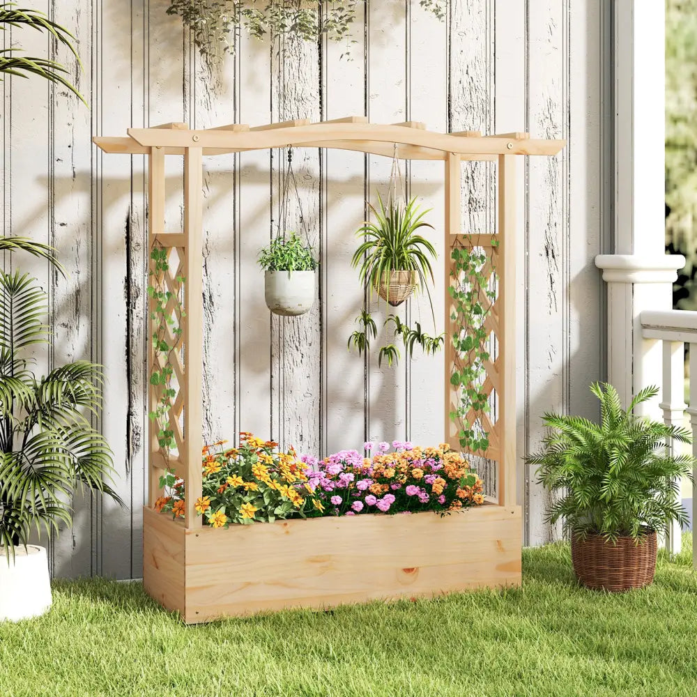 Wooden Raised Garden Bed Planter Box with Trellis and Hanging Roof - Raised Garden Beds