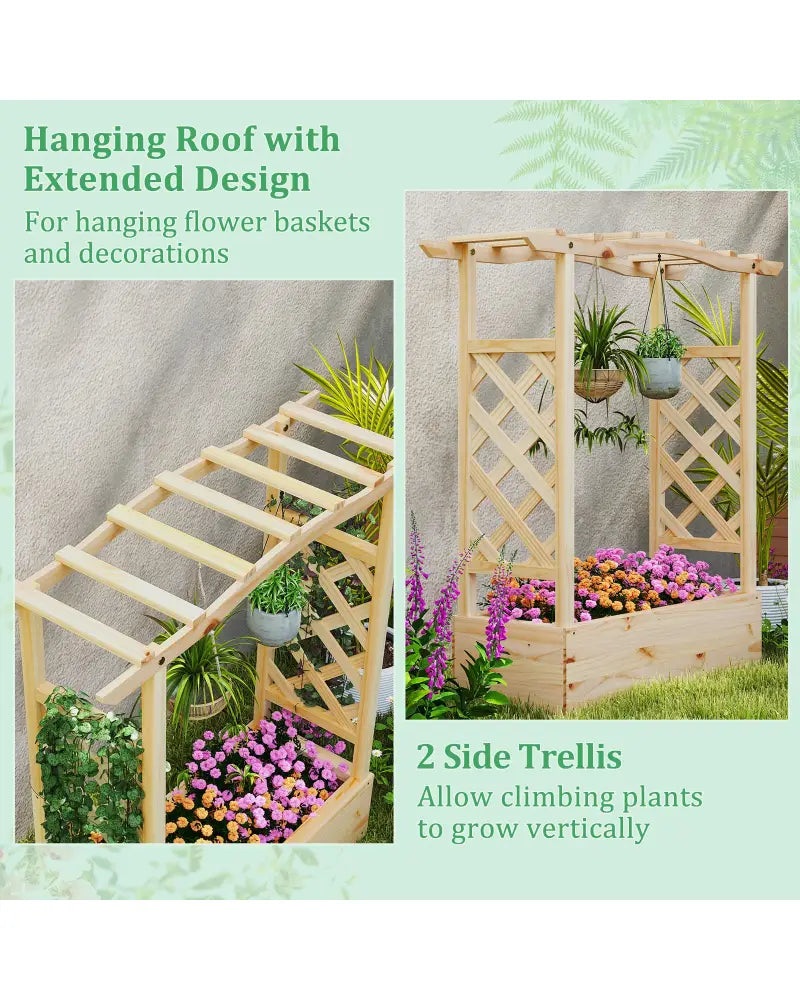 Wooden Raised Garden Bed Planter Box with Trellis and Hanging Roof - Raised Garden Beds