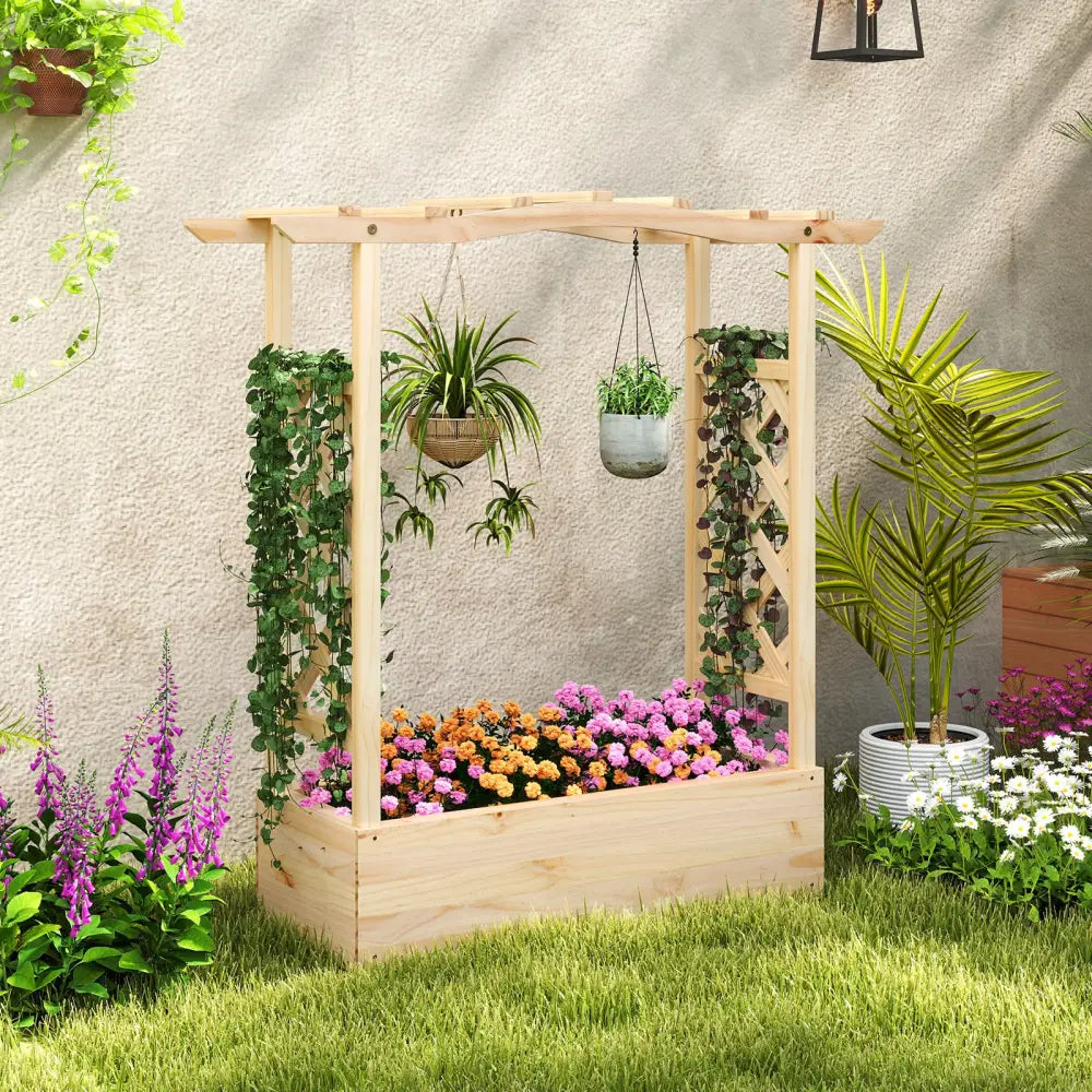 Wooden Raised Garden Bed Planter Box with Trellis and Hanging Roof - Raised Garden Beds