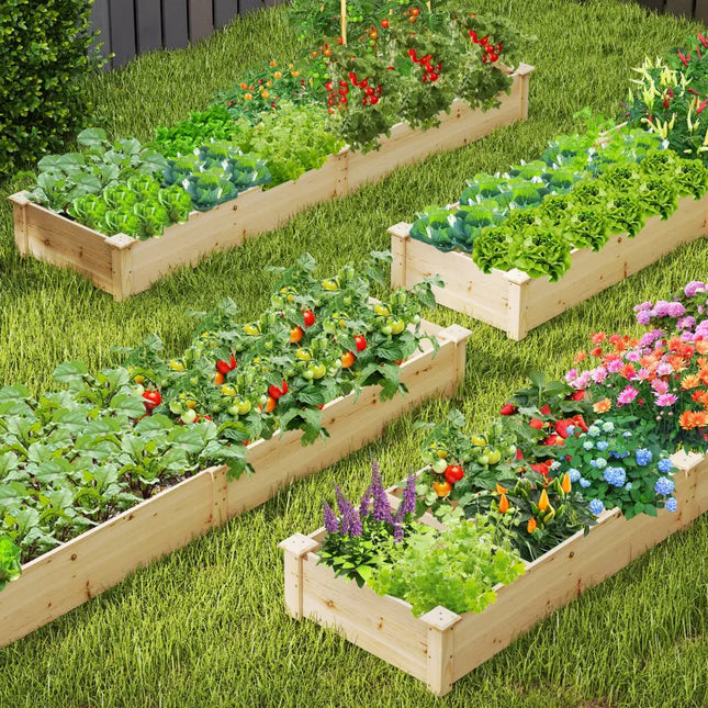Wooden Raised Garden Bed with 2 Planter Boxes and Dividers-Natural - Natural - Raised Garden Beds
