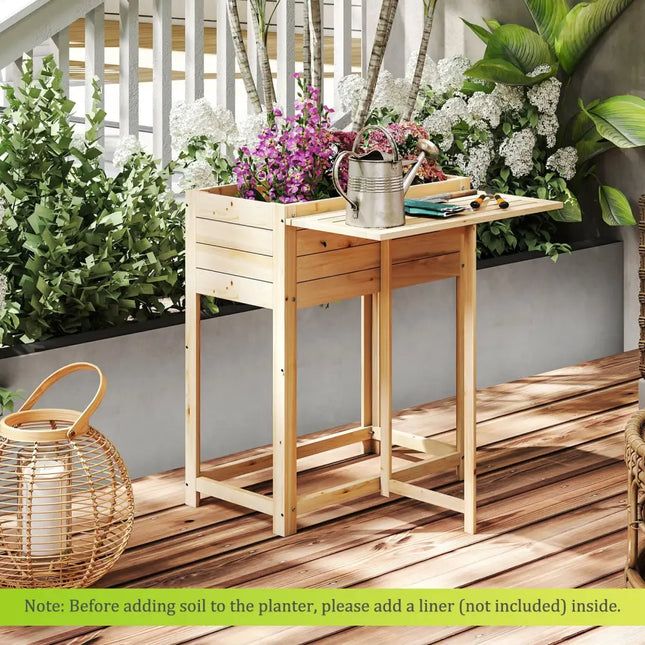 Wooden Raised Garden Bed with Legs and Foldable Side Table - Natural - Raised Garden Beds