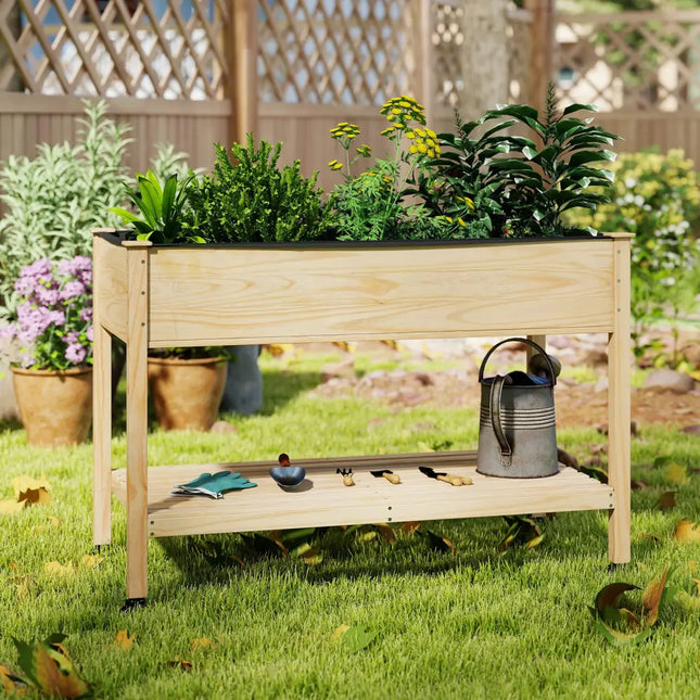 Wooden Raised Garden Bed with Legs and Lockable Wheels-Natural - Natural - Raised Garden Beds