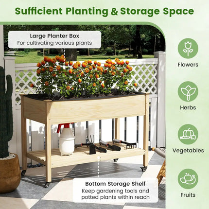 Wooden Raised Garden Bed with Legs and Lockable Wheels-Natural - Natural - Raised Garden Beds