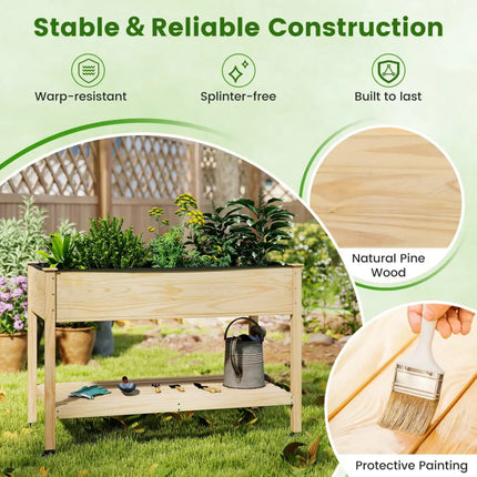 Wooden Raised Garden Bed with Legs and Lockable Wheels-Natural - Natural - Raised Garden Beds