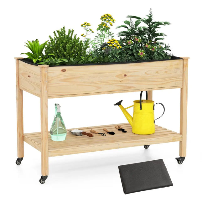 Wooden Raised Garden Bed with Legs and Lockable Wheels-Natural - Natural - Raised Garden Beds