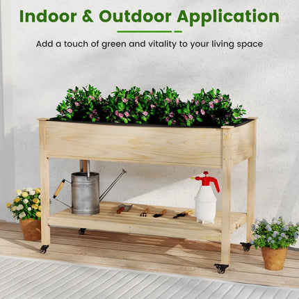 Wooden Raised Garden Bed with Legs and Lockable Wheels-Natural - Natural - Raised Garden Beds