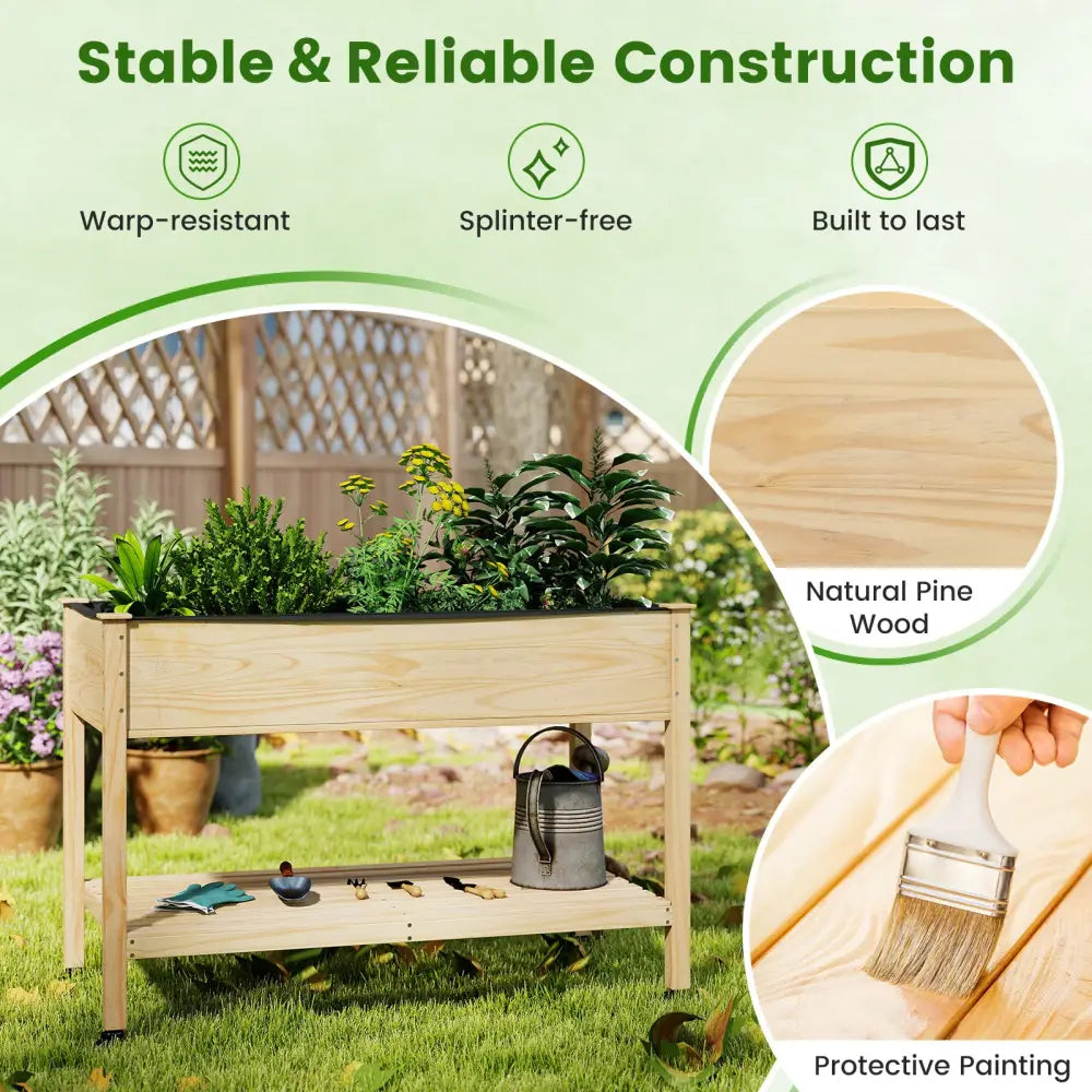 Wooden Raised Garden Bed with Legs and Lockable Wheels-Natural - Natural - Raised Garden Beds