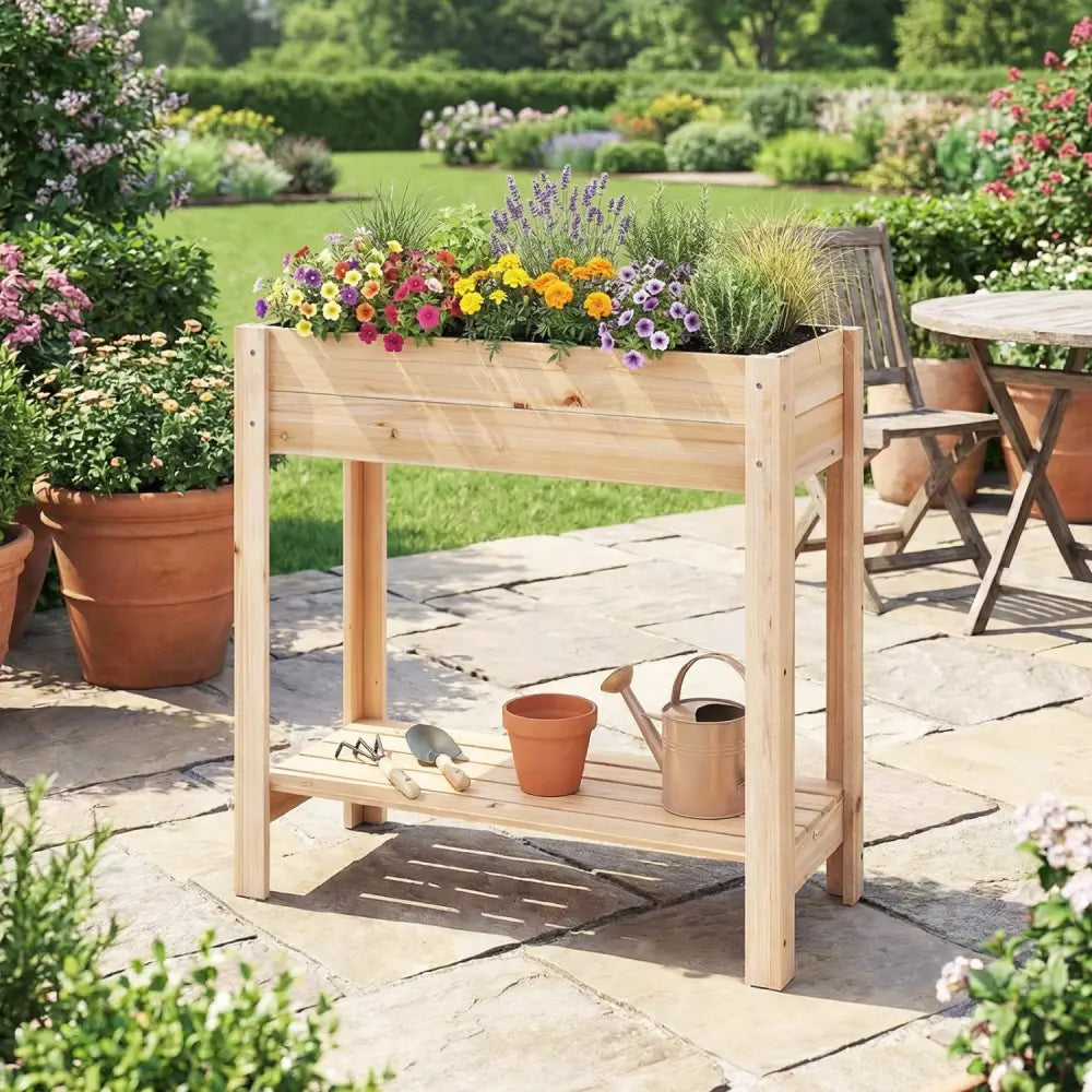 Wooden Raised Garden Bed with Legs and Storage Shelf - Natural - Raised Garden Beds