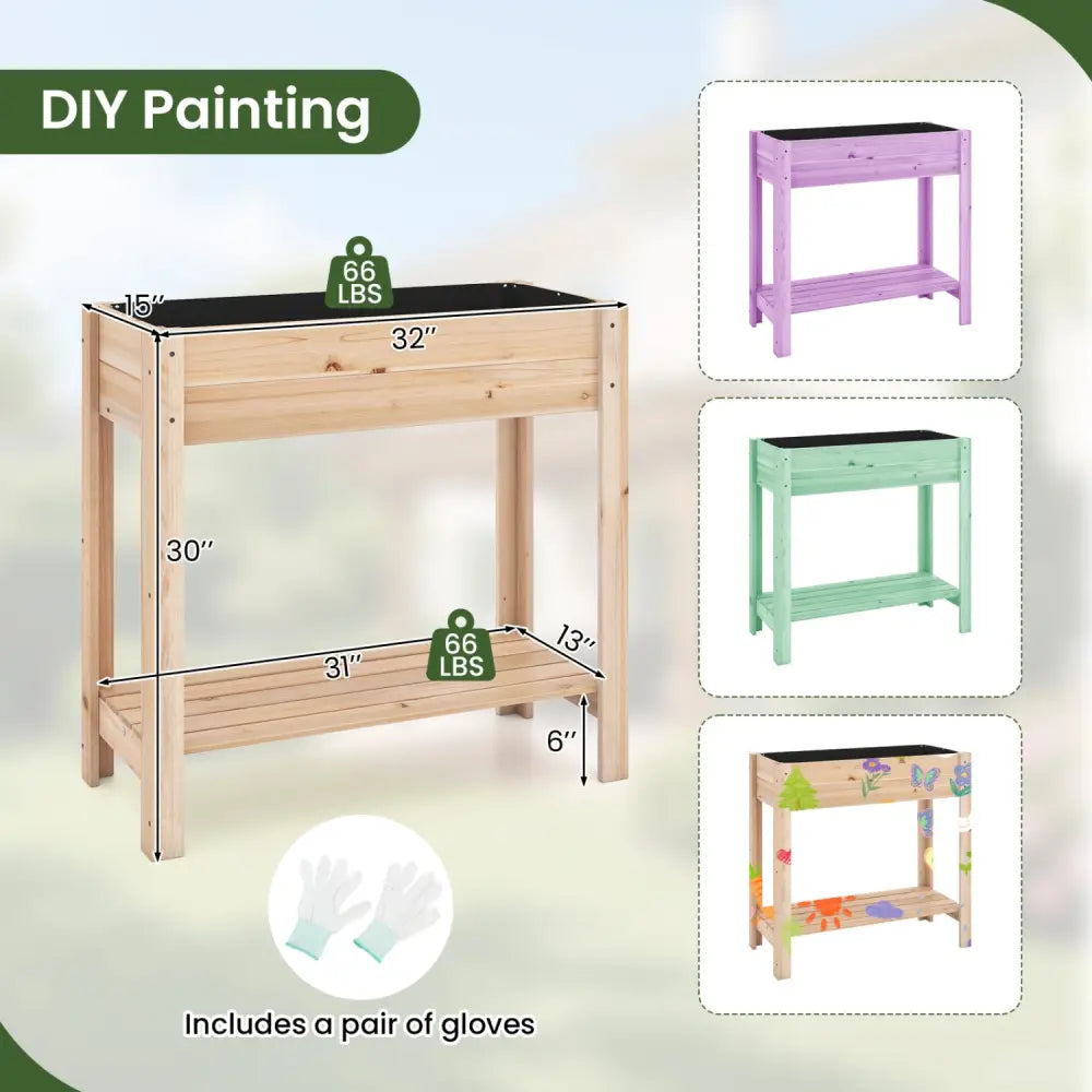 Wooden Raised Garden Bed with Legs and Storage Shelf - Natural - Raised Garden Beds