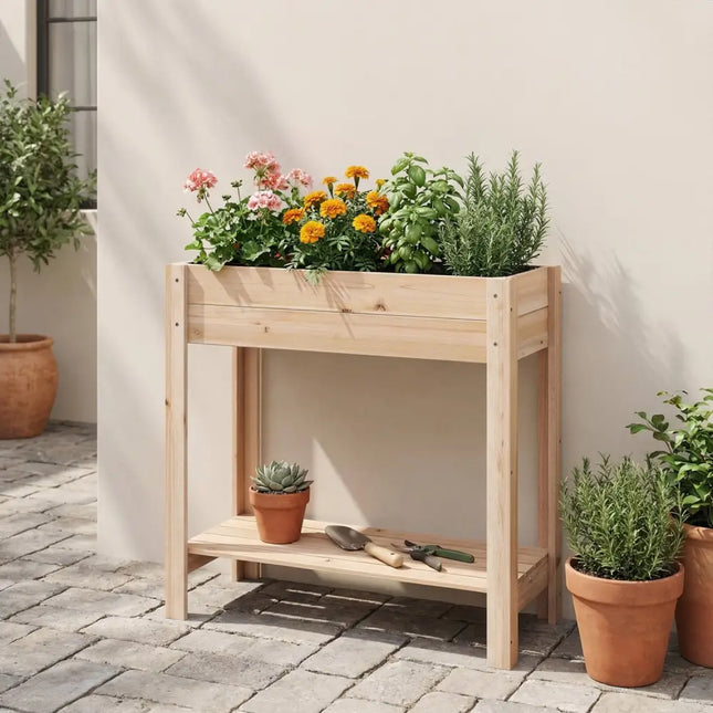 Wooden Raised Garden Bed with Legs and Storage Shelf - Natural - Raised Garden Beds