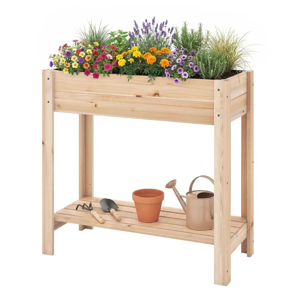 Wooden Raised Garden Bed with Legs and Storage Shelf - Natural - Raised Garden Beds