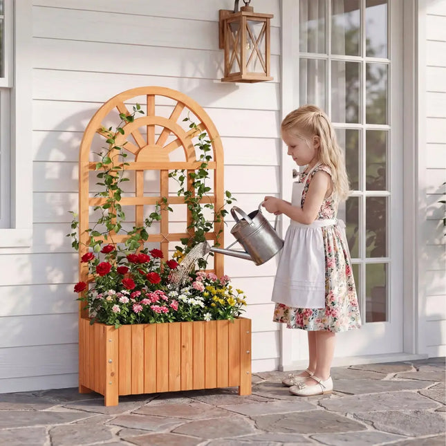 Wooden Raised Garden Bed with Trellis 48 Inch Outdoor Screen-Brown - Brown - Raised Garden Beds