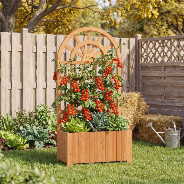 Wooden Raised Garden Bed with Trellis 48 Inch Outdoor Screen-Brown - Brown - Raised Garden Beds
