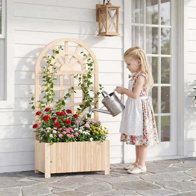 Wooden Raised Garden Bed with Trellis 48 Inch Outdoor Screen-Natural - Natural - Raised Garden Beds