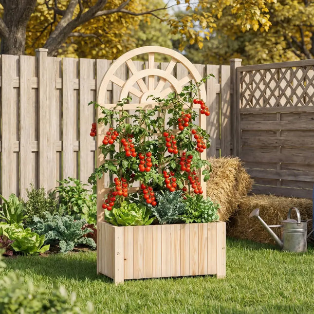 Wooden Raised Garden Bed with Trellis 48 Inch Outdoor Screen-Natural - Natural - Raised Garden Beds