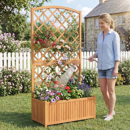 Wooden Raised Garden Bed with Trellis 63 Inch Tall Garden Planter - Raised Garden Beds