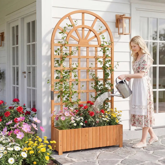 Wooden Raised Garden Bed with Trellis 71’’ Outdoor Planter Box Privacy Screen-Brown - Brown - Raised Garden Beds