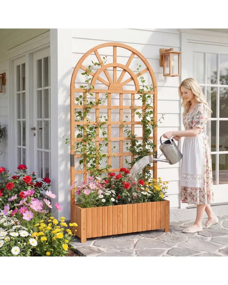 Wooden Raised Garden Bed with Trellis 71’’ Outdoor Planter Box Privacy Screen-Brown - Brown - Raised Garden Beds