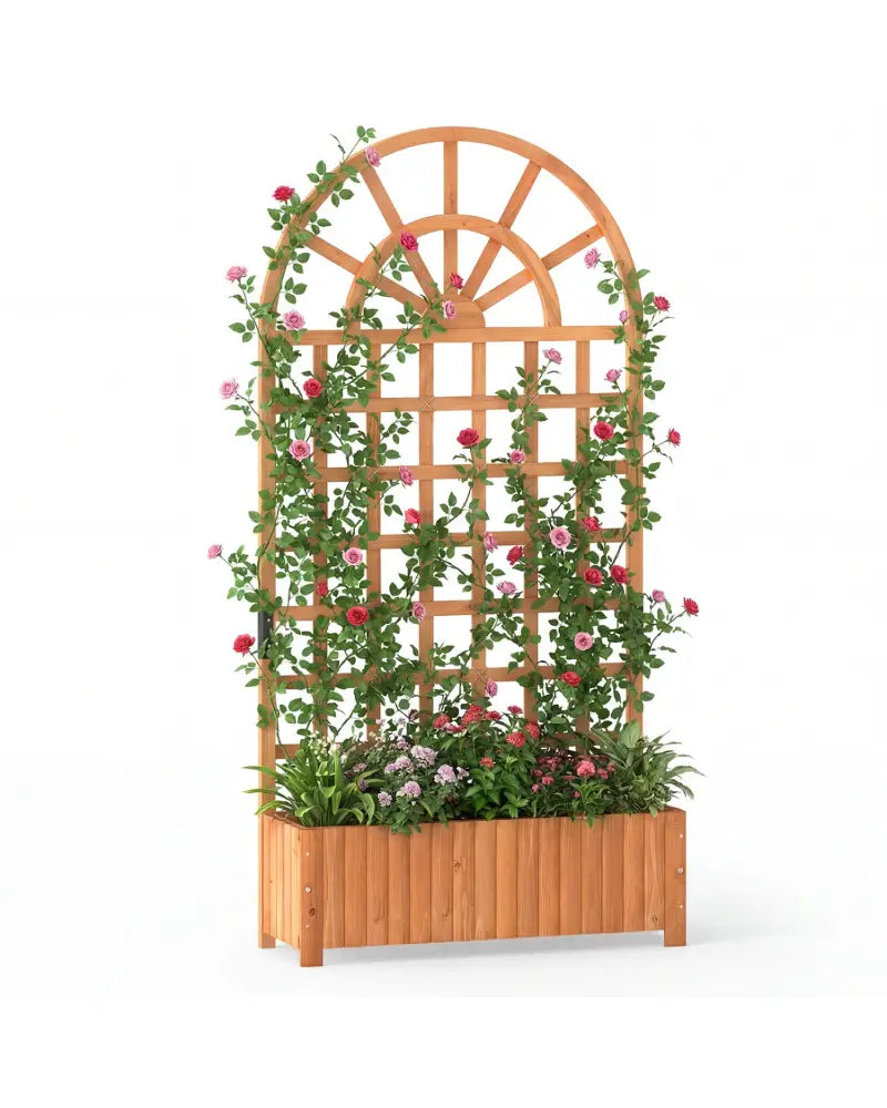 Wooden Raised Garden Bed with Trellis 71’’ Outdoor Planter Box Privacy Screen-Brown - Brown - Raised Garden Beds
