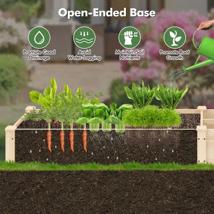 Wooden Raised Open-Ended Base Garden Bed with 2 Planter Boxes Divider-Natural - Natural - Raised Garden Beds