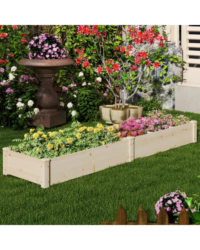Wooden Raised Open-Ended Base Garden Bed with 2 Planter Boxes Divider-Natural - Natural - Raised Garden Beds