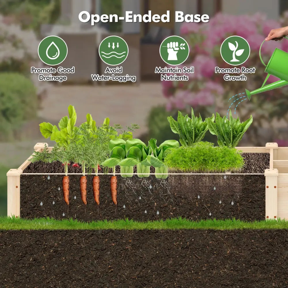 Wooden Raised Open-Ended Base Garden Bed with 2 Planter Boxes Divider-Natural - Natural - Raised Garden Beds